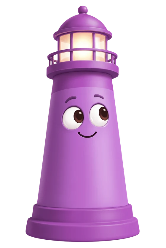 Caleb the lighthouse shines a soft beam from his top beacon over the website package.