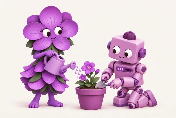 Madeline waters a purple flower while Teddy gently tends its soil.