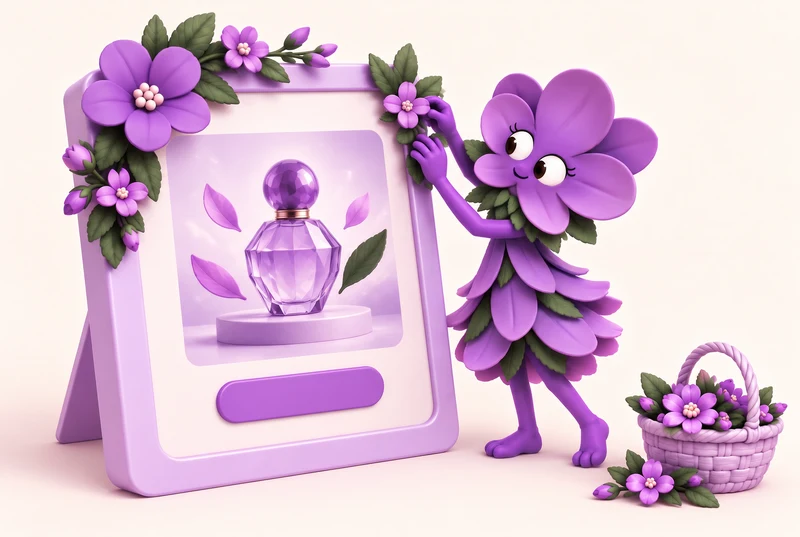Madeline decorates a perfume campaign display with purple flowers.
