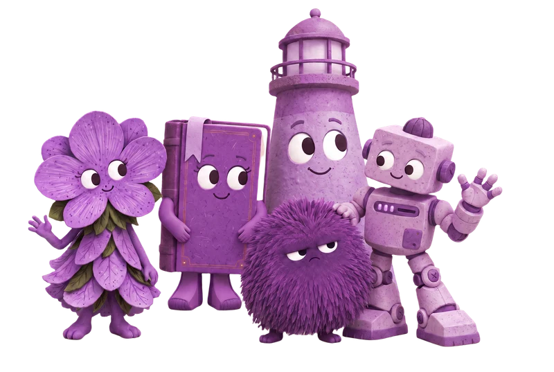 The Purple Bunch: Madeline, Chloe, Caleb, grumpy Ronnie and Teddy.